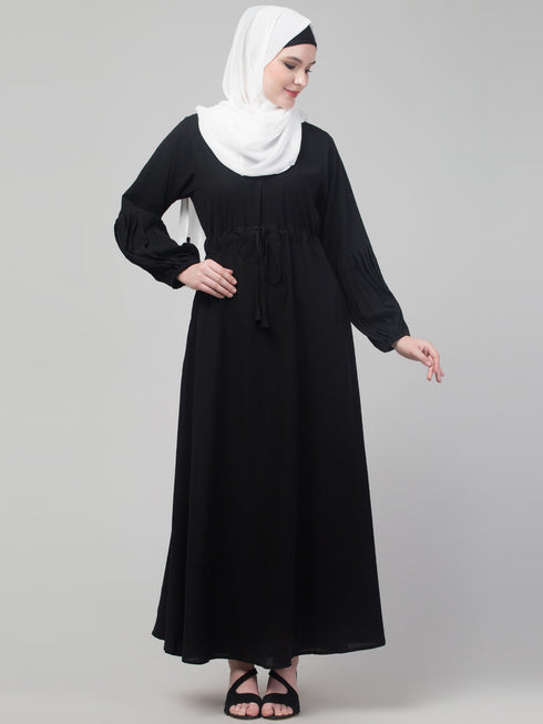 Black adjustable waist pleated sleeve abaya with hijab