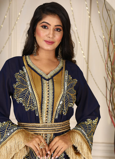 Dark blue israeli designer moroccan kaftan islamic embroidery party wear wedding kaftan