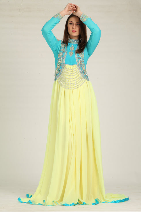 Designer yellow and blue embroidered kaftans