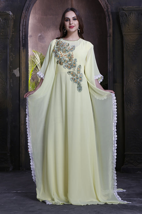 Chic lemon yellow trendy hand beaded dress crafted kaftan