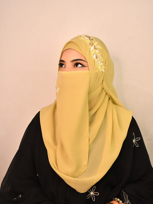 green party wear hijab scarf with handwork naqab