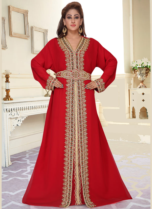 Red embroidered georgette islamic-kaftans With Sun-proof hijab.