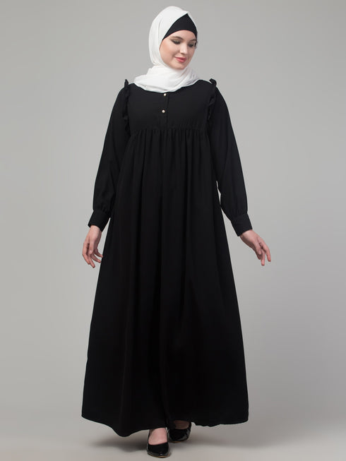 Black waist frill cuff sleeves flare abaya with hijab