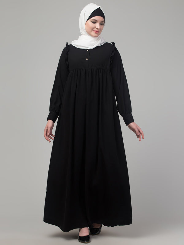 Black waist frill cuff sleeves flare abaya with hijab