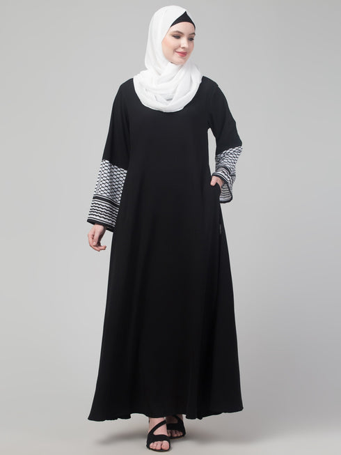 nazneen designer black nida abaya - keffiyeh print on sleeves, includes hijab
