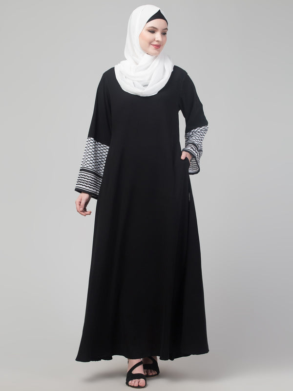 nazneen designer black nida abaya - keffiyeh print on sleeves, includes hijab