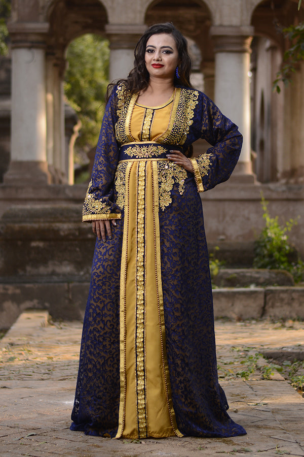 Blue and gold designer wedding kaftan