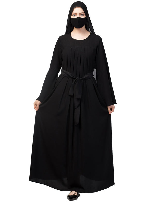 Black designer abaya with pleats & belt