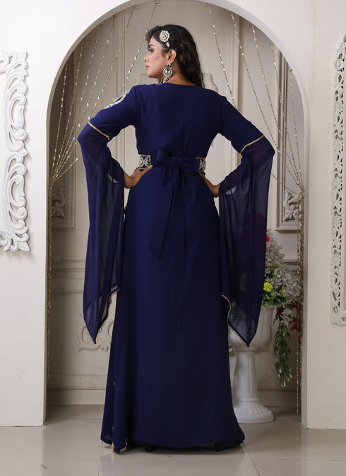Women dark blue designer islamic moroccan style hand beaded wedding takchita kaftan