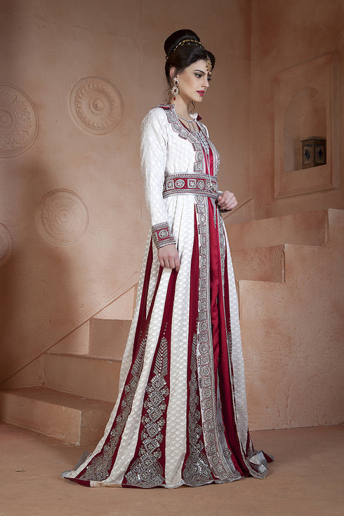 Off white and maroon embroidered & handmade moroccan wedding long sleeve dress kaftan