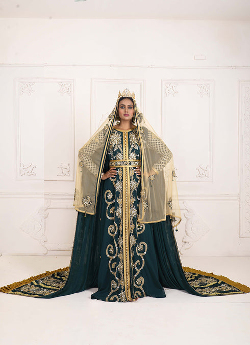 Bottle green good looking wedding hand beaded long sleeve maxi arabic moroccan islamic designer takchita kaftan