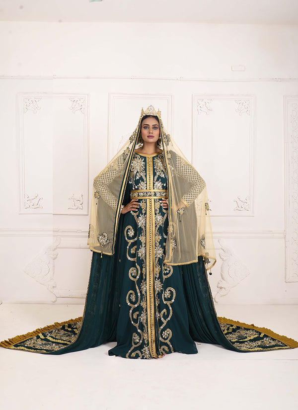 Bottle green good looking wedding hand beaded long sleeve maxi arabic moroccan islamic designer takchita kaftan