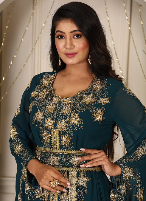 Bottle green islamic wedding designer arabic maxi hand beaded dubai ladies long sleeve moroccan arabic party wear kaftan
