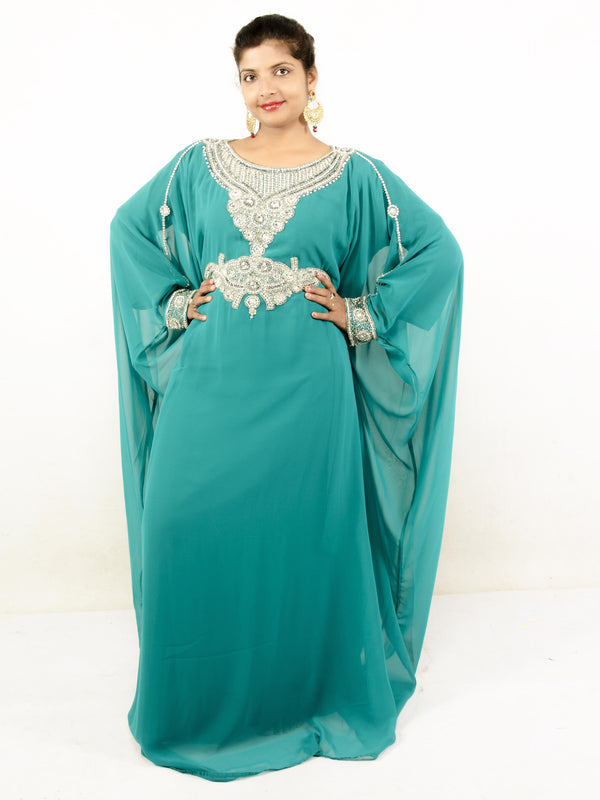 Teal green embroidered georgette islamic kaftan