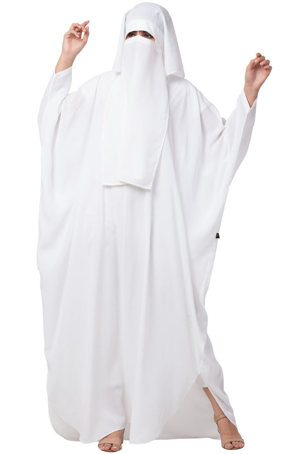White two pieces set of white kaftan abaya and niqab in firdaus fabric