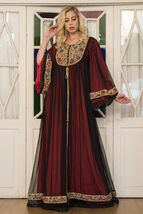 Black and red embroidery maxi kaftan