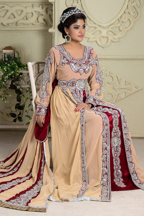 Beautiful arabic muslin wedding cream and maroon bridal kaftan
