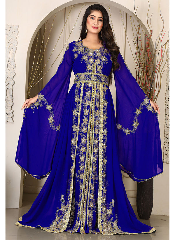 Blue islamic wedding designer arabic maxi hand beaded dubai ladies long sleeve moroccan arabic party wear kaftan