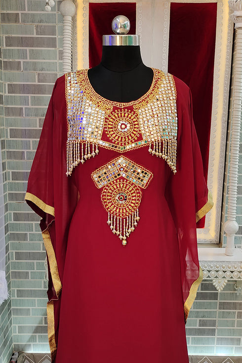 Maroon designer islamic takchita embroidery kaftan