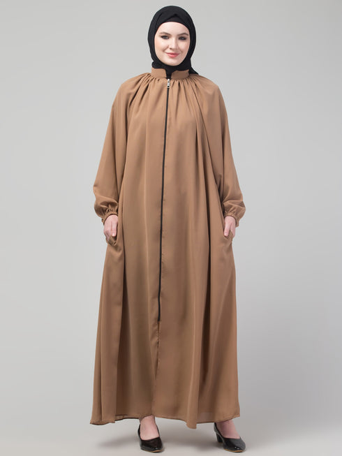 Beige matt nida front zip elastic sleeve abaya with hijab
