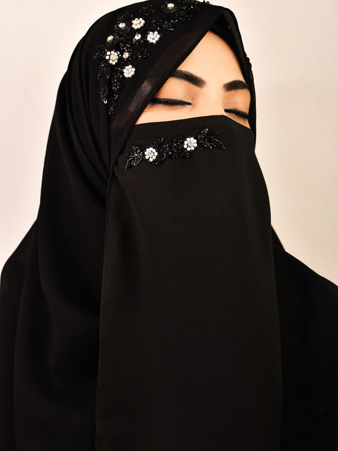 Black luxury bridal wedding wear hijab scarf with handwork naqab