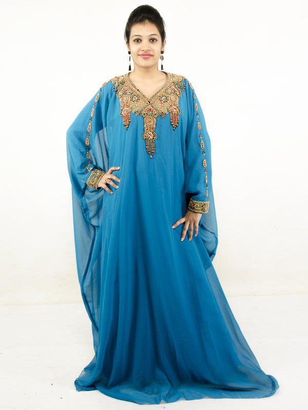 Teal blue embroidered georgette islamic kaftans