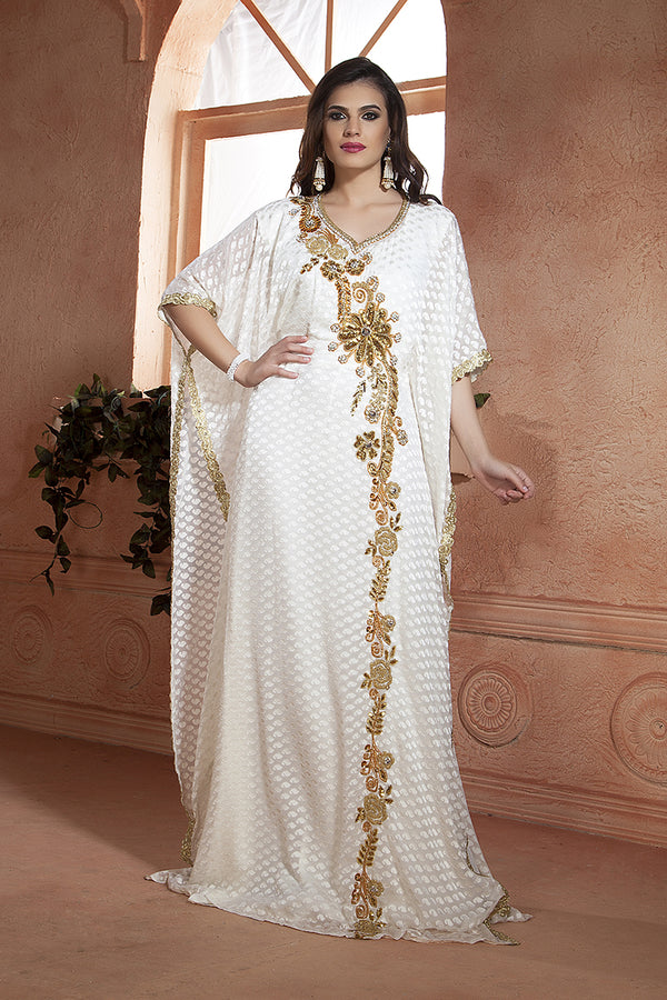 Grand Off-White Handmade Kaftan Dress with Gold Zari Work | Free Size Formal Wear