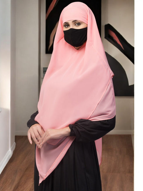 Pink multi layered triangular instant hijabkhimar in georgette