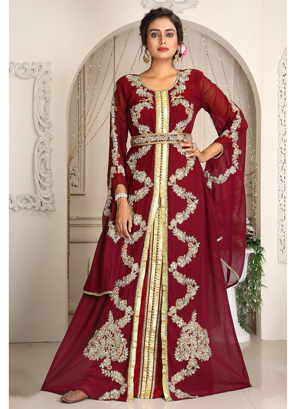 Maroon designer hand beaded moroccan party wedding kaftan