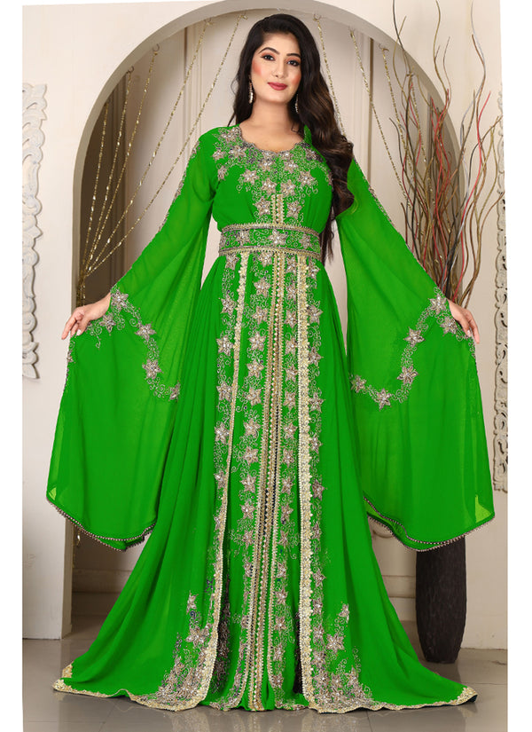 Parrot green islamic wedding designer arabic maxi hand beaded dubai ladies long sleeve moroccan arabic party wear kaftan