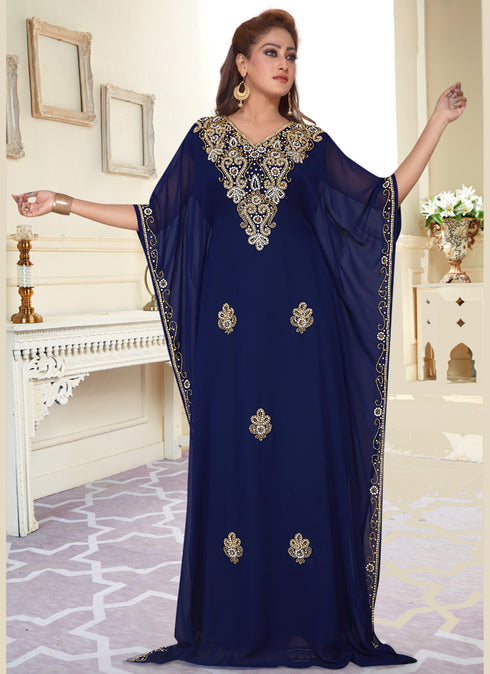Blue embroidered georgette islamic-kaftans With Sun-proof hijab.