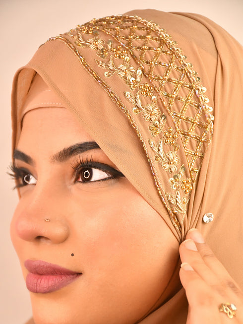 beige bridal hijab with handwork