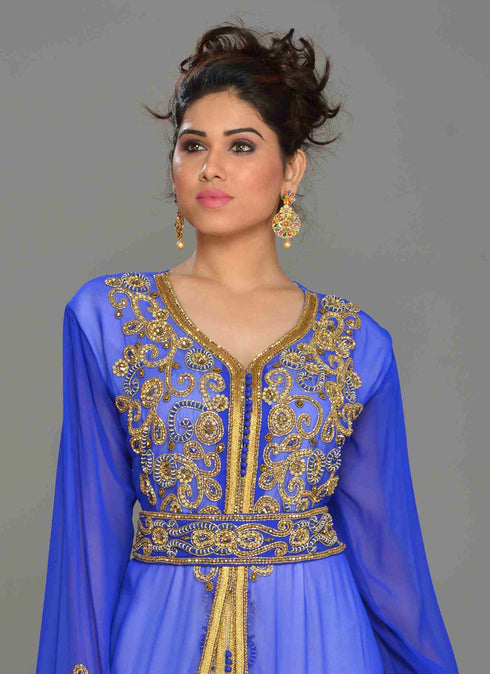 Blue embroidered georgette islamic kaftans With Sun-proof hijab.