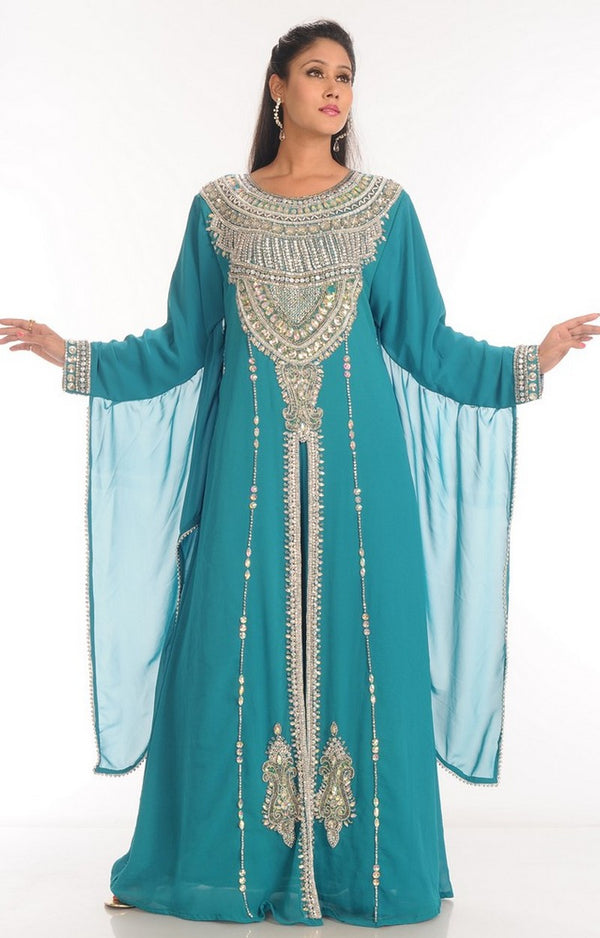 Sky-blue embroidered georgette islamic-kaftans