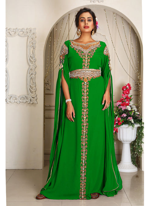 Arabic parrot green georgette islamic modern dubai kaftan