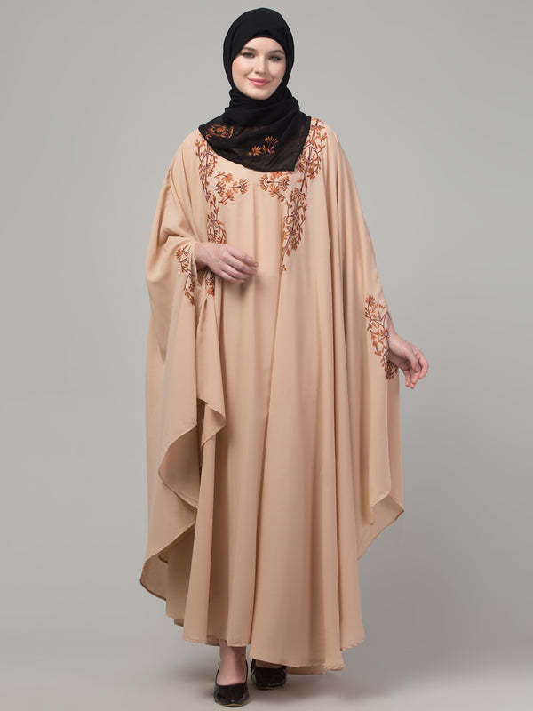 Beige threads embroiderey irani kaftan abaya with embroidered hijab