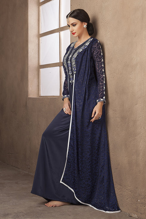 Exquisite dark blue party wear thread work style dress