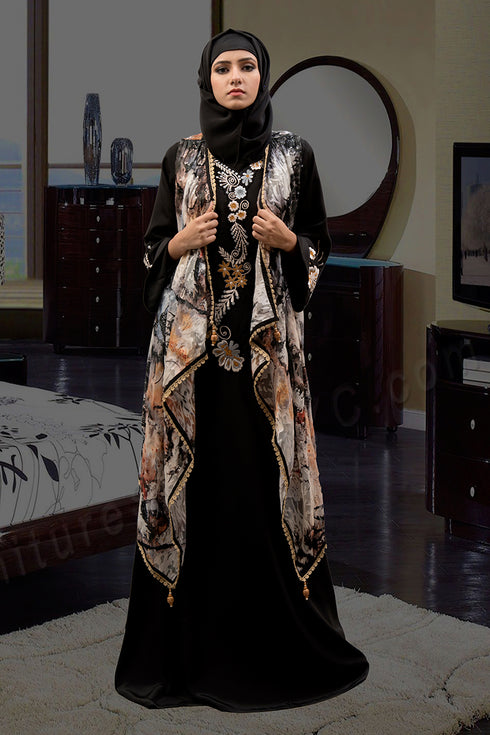 Black and multicoloured Long sleeve modest Abaya