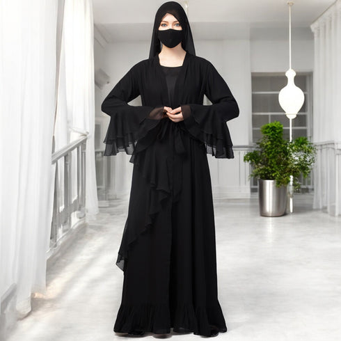 Three pieces set - inner abaya with a designer shrug and stole hijab.