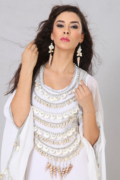 Grand White Designer Kaftan with Silver Shell & Cowrie Embellishment | Luxury Beach Wedding Wear