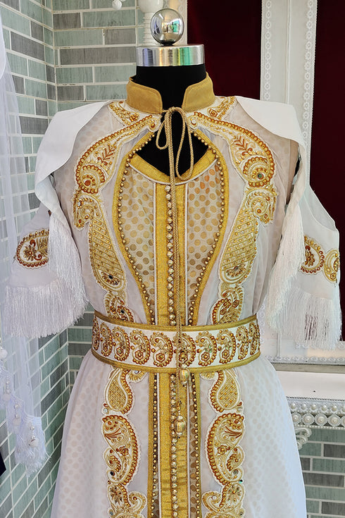 Grand White Moroccan Wedding Kaftan Gown with Heavy Gold Zari Work | Luxury Bridal Dress