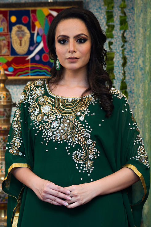Dark green georgette designer kaftan