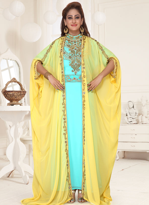 Yellow embroidered georgette islamic-kaftans