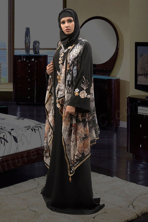 Black and multicoloured Long sleeve modest Abaya