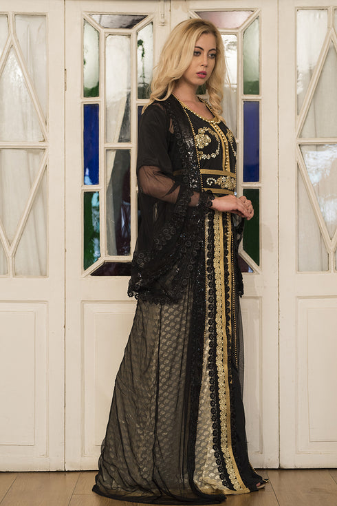 Black and beige partywear jacket style moroccan dress