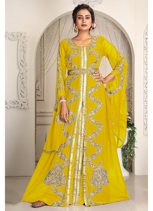 Yellow designer hand beaded moroccan party wedding kaftan