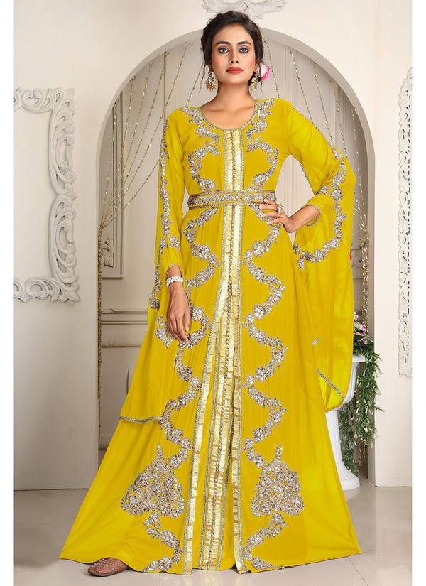 Yellow designer hand beaded moroccan party wedding kaftan