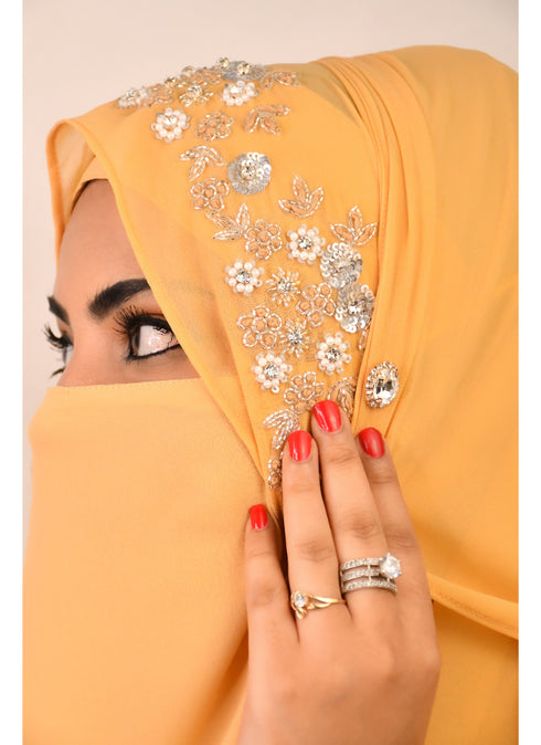 Golden luxury bridal wedding wear hijab scarf with handwork naqab