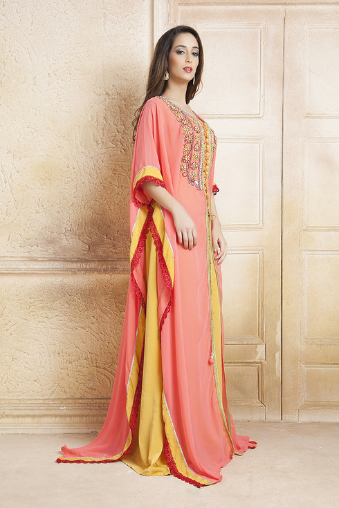Yellow and pink handmade kaftan with free size kaftan