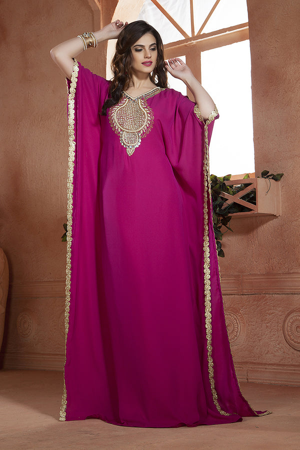 Hand beaded georgette fuchia free size kaftan saudi arabic style